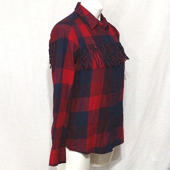 Zara Fringe Bufallo Plaid Blue Red Button Up Coastal Cowgirl Western Top Medium - Picture 4 of 6
